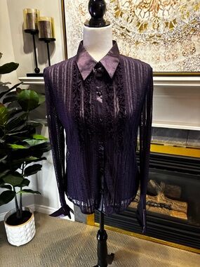 Adolfo Deep Purple Lace-Trim Tuxedo Blouse XL